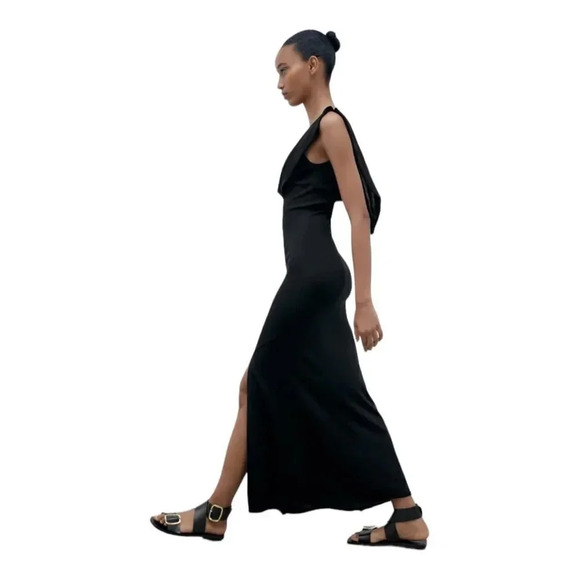 ZARA | Black | FLUID NECKLINE LONG KNIT DRESS - Picture 7 of 9